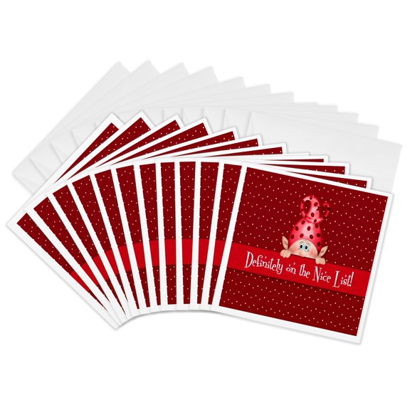 3drose, Red Polka Dot Elf Definitely on the Nice List Seasonal Holiday, 12 Greeting Cards with Envelopes