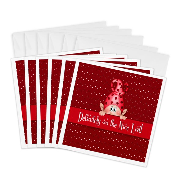 3drose, Red Polka Dot Elf Definitely on the Nice List Seasonal Holiday, 6 Greeting Cards with Envelopes