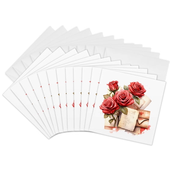 3drose, Red Roses and Love Notes Illustration, 12 Greeting Cards with Envelopes