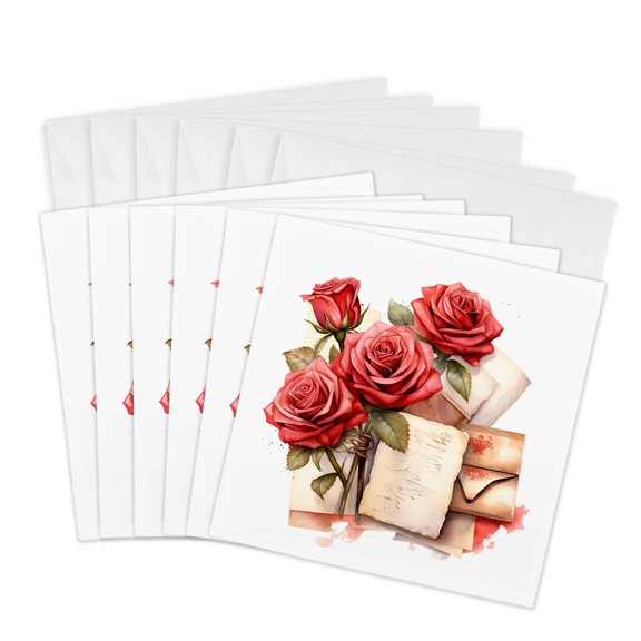 3drose, Red Roses and Love Notes Illustration, 6 Greeting Cards with Envelopes