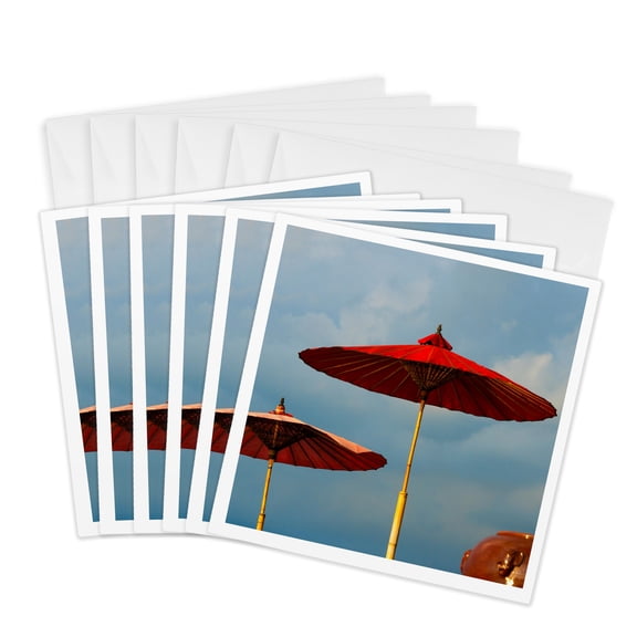 3drose, Red Umbrellas on Inle Lake, Shan State, Myanmar, 6 Greeting Cards with Envelopes