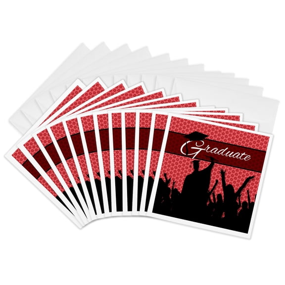 3drose, Red and Black Graduation with Cheering Crowd of Graduates., 12 Greeting Cards with Envelopes