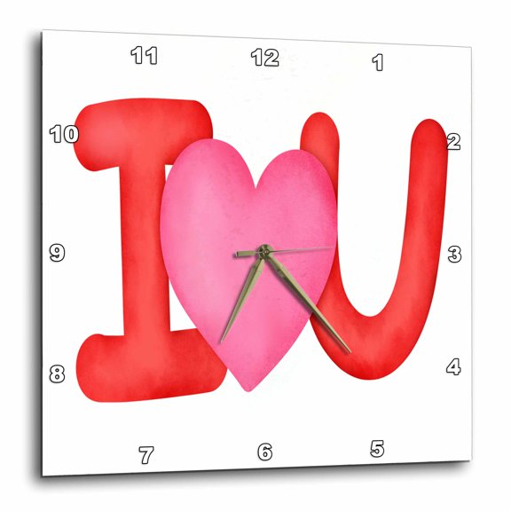 3drose, Red and Pink Heart I Love U Illustration, 15x15 Wall Clock