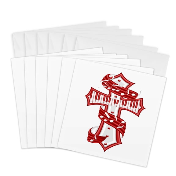 3drose, Red and White Musical Cross Illustration, 6 Greeting Cards with Envelopes