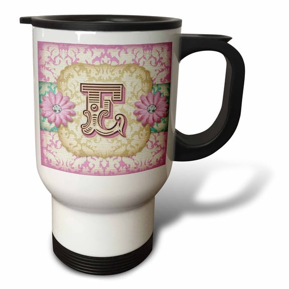 3drose, Regal Pastel Mod Damask Monogram Initial E, 14oz Stainless Steel Travel Mug