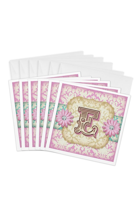 , Regal Pastel Mod Damask Monogram Initial E, 6 Greeting Cards with Envelopes