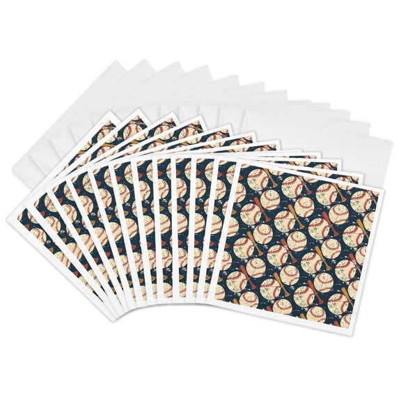 3drose, Regular Pattern of Beige Baseball Balls and Brown Bats on Blue, Gift, 12 Greeting Cards with Envelopes