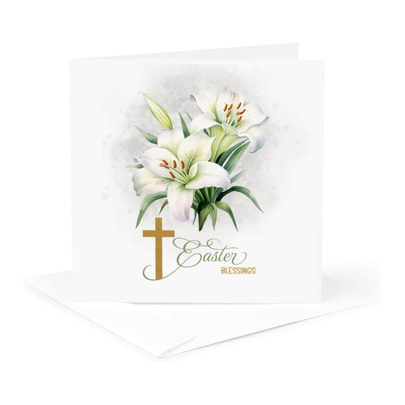 3drose, Religious Easter Blessings and Easter Lilies with Christianity Cross, 1 Greeting Card with Envelope