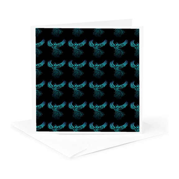 3drose, Repeat Pattern Rising from the Ashes Phoenix Blue Aqua Ombre, 1 Greeting Card with Envelope