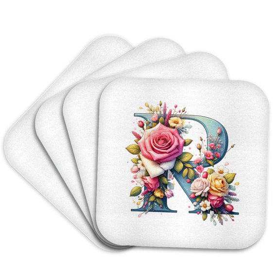 3drose, Resplendent Letter R. Floral Monogram, Decorated with Rose Flowers, Set of 4 Coasters - Soft
