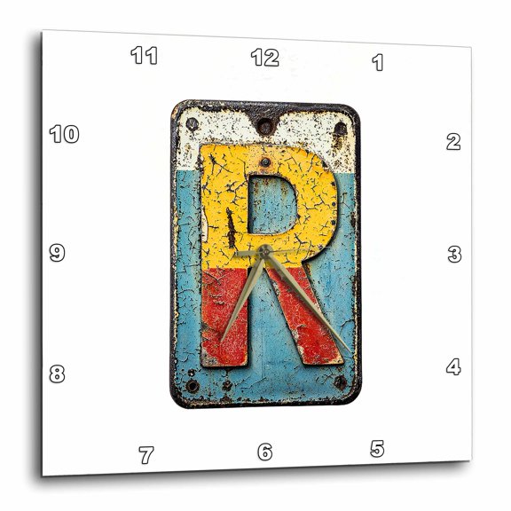3drose, Resplendent Letter R. Grunge Metal Monogram, Industrial Style Gift, 10x10 Wall Clock