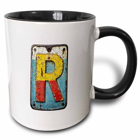 3drose, Resplendent Letter R. Grunge Metal Monogram, Industrial Style Gift, 11oz Two-tone Black Mug