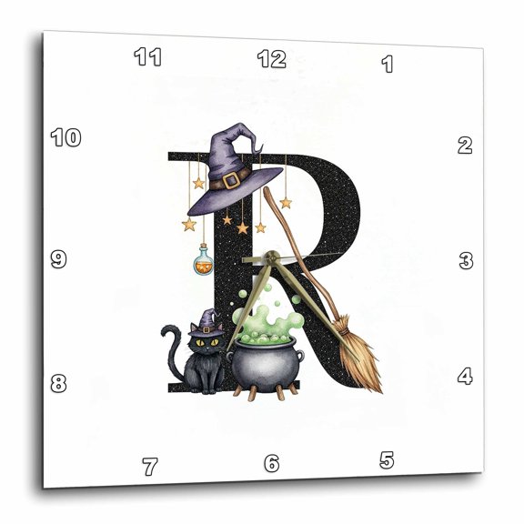 3drose, Resplendent Letter R. Halloween Monogram, Broom, Wizard Hat, Cat, 10x10 Wall Clock
