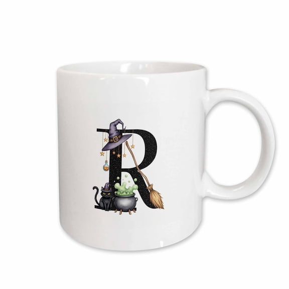 3drose, Resplendent Letter R. Halloween Monogram, Broom, Wizard Hat, Cat, 11oz Mug