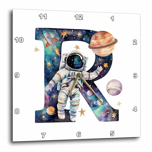3drose, Resplendent Letter R. Space Flight Astronaut Art Name Monogram Gift, 10x10 Wall Clock