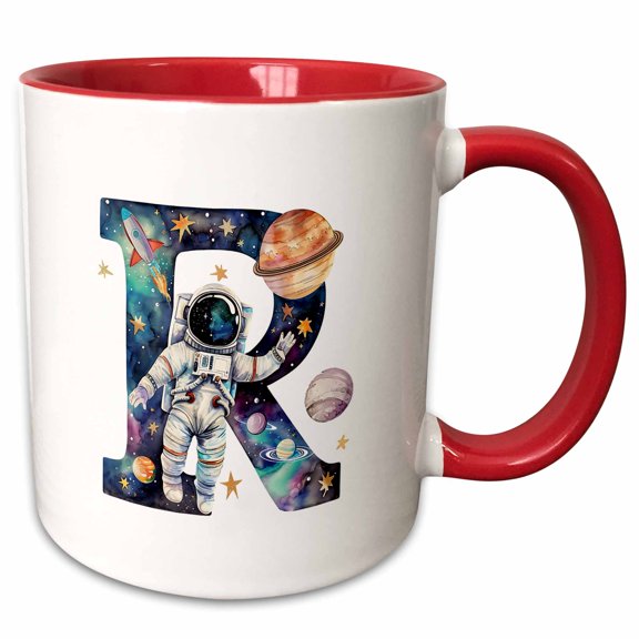 3drose, Resplendent Letter R. Space Flight Astronaut Art Name Monogram Gift, 11oz Two-tone Red Mug
