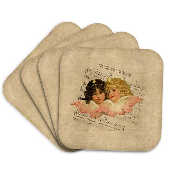 3drose, Retro Cherubs on Music Sheet of Traditional Christmas Song, Set of 4 Coasters - Soft