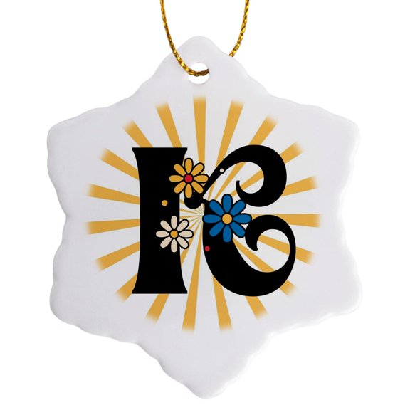 3drose, Retro Daisy K Monogram Initials, 3 inch Snowflake Porcelain Ornament