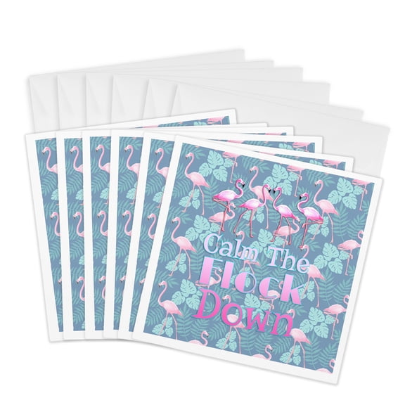 3drose, Retro Flamingo Beach Design Calm the Flock down Summer Pun., 6 Greeting Cards with Envelopes