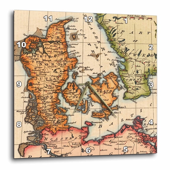 3drose, Retro Map of Denmark, Sweden, North and Baltic Seas. Cool Gift, 13x13 Wall Clock