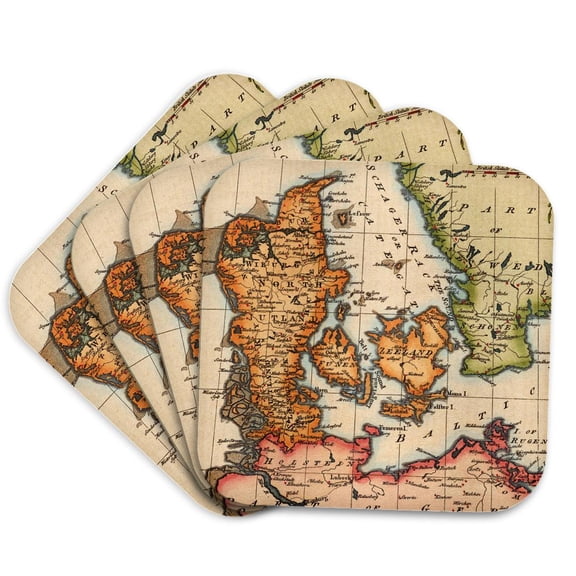3drose, Retro Map of Denmark, Sweden, North and Baltic Seas. Cool Gift, Set of 4 Coasters - Soft