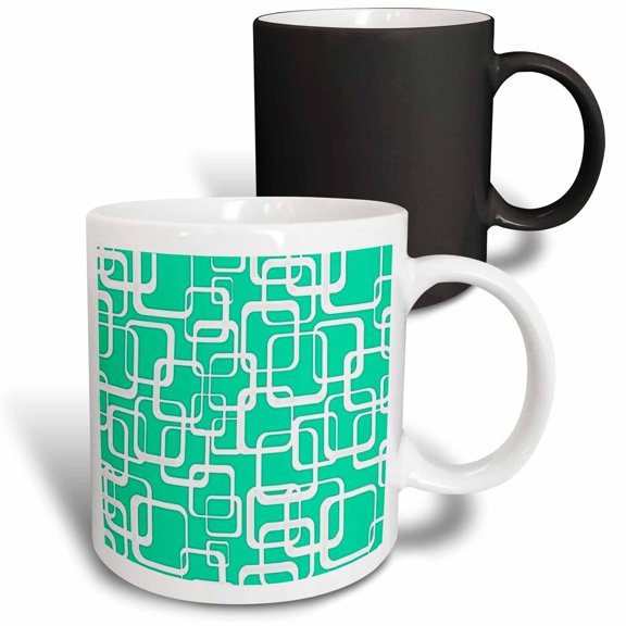 3drose, Retro Modern White Squares on Green Turquoise, 11oz Magic Transforming Mug