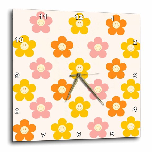3drose, Retro Smiley Colorful Daisy Pattern Prints, 15x15 Wall Clock