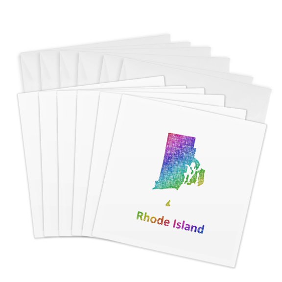 3drose, Rhode Island State Map - Rainbow Sketch Design, 6 Greeting Cards with Envelopes