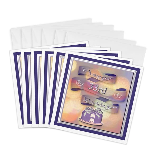 3drose, Ribbon and Cake Happy 33rd Birthday, 6 Greeting Cards with Envelopes