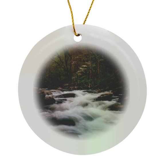 3drose, River Flowing over Rocks as Dogwood Blooms, Circle Porcelain Ornament