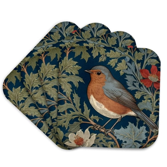 3drose, Robin Bird William Morris Style Botanical Floral Red Flowers Green, Set of 4 Coasters - Soft