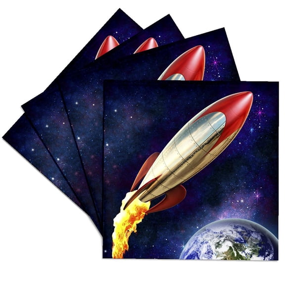 3drose, Rocket Shooting Through Space Around Earth, Set of 4 Ceramic Tile Coasters
