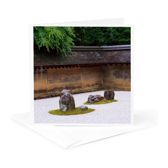 3drose, Rocks and Raked Gravel at Zen Garden, Ryoan-ji Temple, Kyoto, Japan., 1 Greeting Card with Envelope
