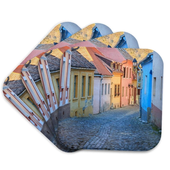 3drose, Romania, Sighisoara, Cobblestone Street of Colorful Houses in Village., Set of 4 Coasters - Soft