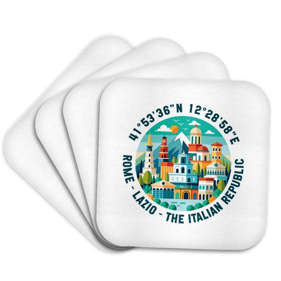 3drose, Rome, Lazio, the Italian Republic, Coordinates, Artsy Travel Gift, Set of 4 Coasters - Soft