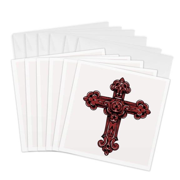3drose, Rose Colored Decorative Religious Cross, 6 Greeting Cards with Envelopes