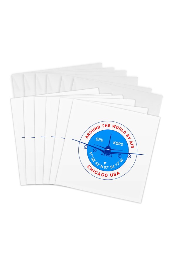 , Round Badge, a Blue Airliner. Red Text Chicago, Coordinates, 6 Greeting Cards with Envelopes
