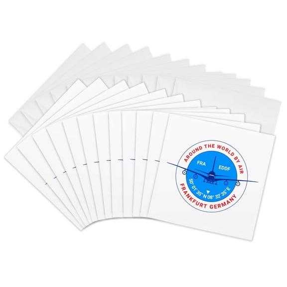 3drose, Round Badge, a Blue Airliner. Red Text Frankfurt Germany, Coordinates, 12 Greeting Cards with Envelopes