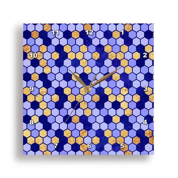 3drose, Royal Blue and Faux Digitally Printed Gold Foil Octagon Pattern, 10x10 Wall Clock