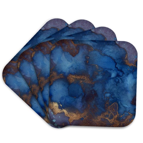 3drose, Royal Blue and Faux Printed Copper Watercolor Splash, Set of 4 Coasters - Cork