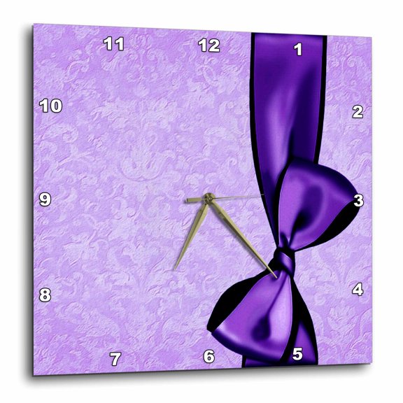 3drose, Royal Purple Faux Satin Bow on Lavender Grunge Damask Background, 10x10 Wall Clock