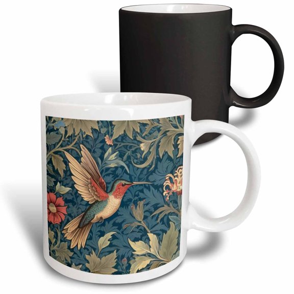3drose, Ruby Throated Hummingbird Bird William Morris Style Botanical Floral, 11oz Magic Transforming Mug
