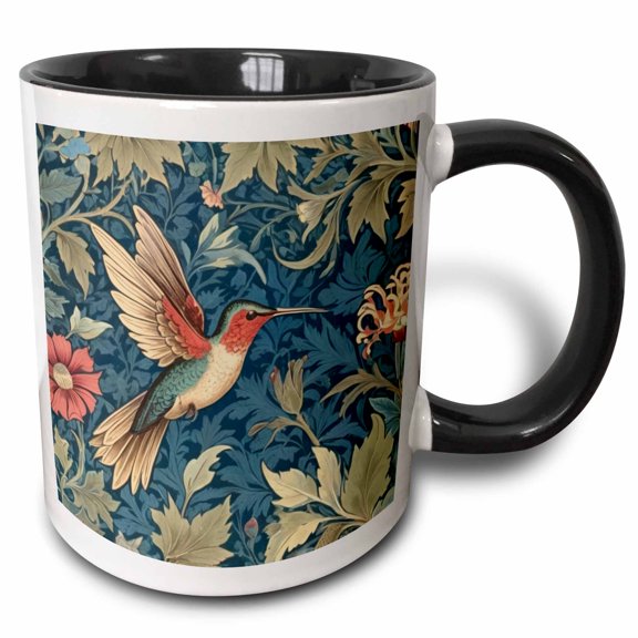 3drose, Ruby Throated Hummingbird Bird William Morris Style Botanical Floral, 11oz Two-tone Black Mug