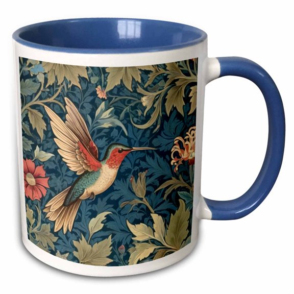 3drose, Ruby Throated Hummingbird Bird William Morris Style Botanical Floral, 11oz Two-tone Blue Mug