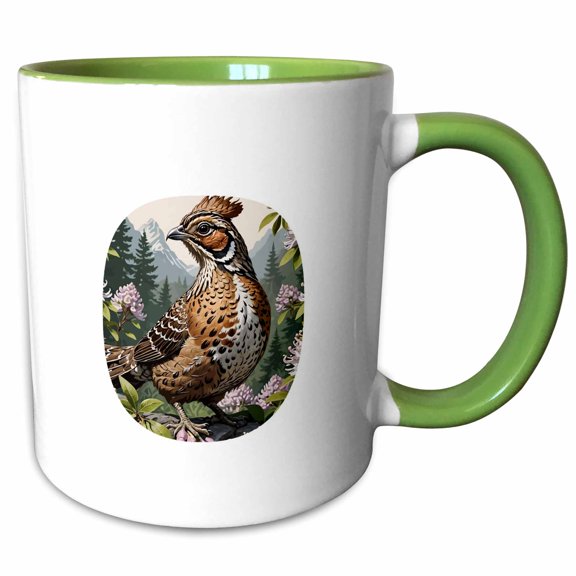 3drose, Ruffed Grouse Amongst Mountain Laurel Flowers, 11oz Two-tone Green Mug