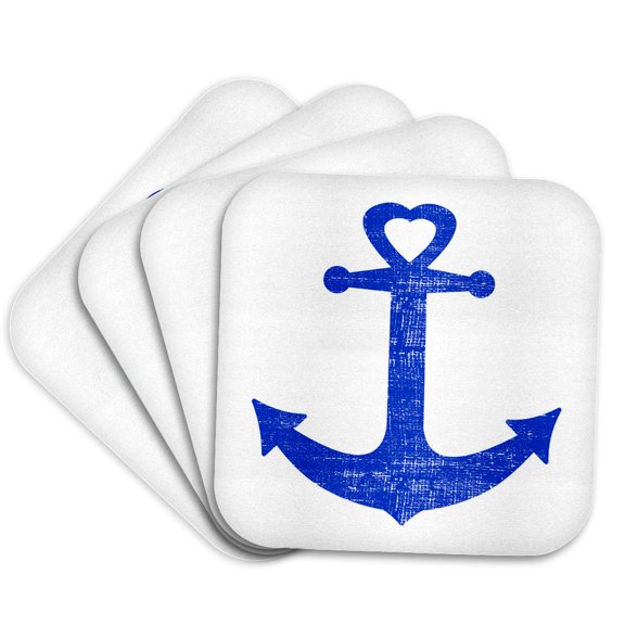 3drose, Rustic Blue Anchor Heart, Set of 4 Coasters - Soft