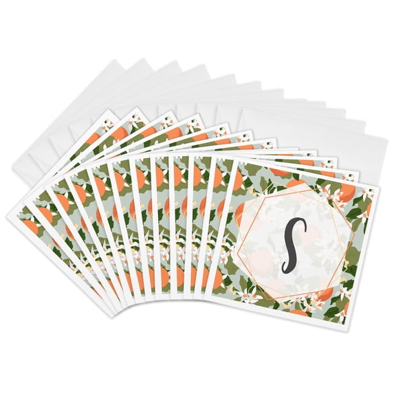 3drose, S - Orange Blossom Mint Monograms, 12 Greeting Cards with Envelopes
