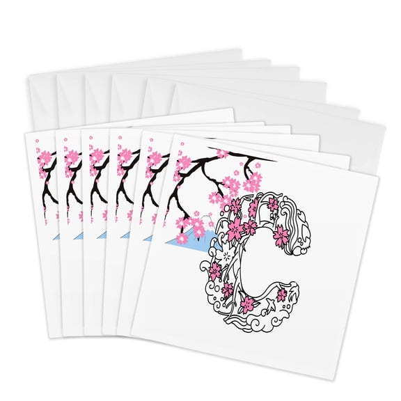 3drose, Sakura Cherry Blossoms, Mount Fuji. Awesome Blooming Letter C, 6 Greeting Cards with Envelopes