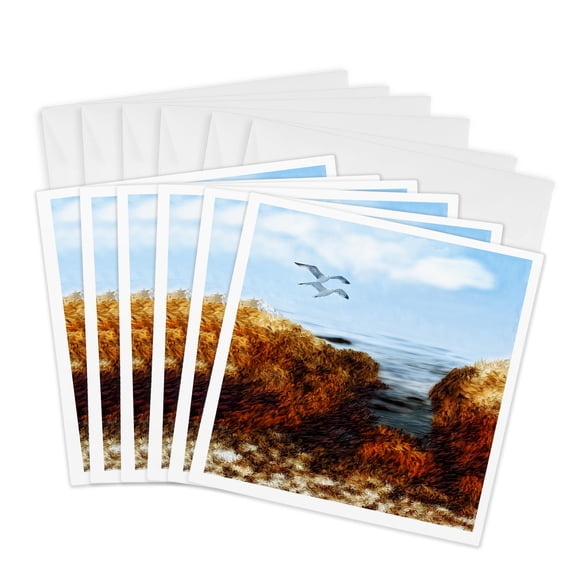 3drose, San Francisco Beach Cove Impressionism with Two Seagulls, 6 Greeting Cards with Envelopes