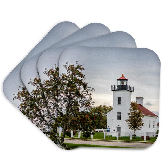 3drose, Sand Point Lighthouse in Escanaba, Michigan Usa, Set of 4 Coasters - Soft